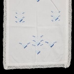 Embroidered Table Runner Dresser Scarf Heart Crochet Lace Blue White Vintage 36"